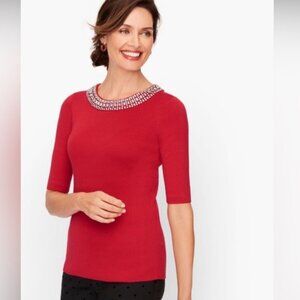 TALBOTS Red Sweater with Embellished Jewel Neckline